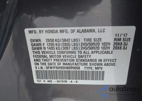 2017 Honda Pilot Touring from USA, damaged, VIN 5FNYF6H93HB095058